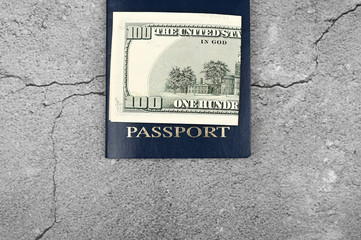 Passport and money. Flat lay. Place for an inscription. Visa abroad. Dear immigration.