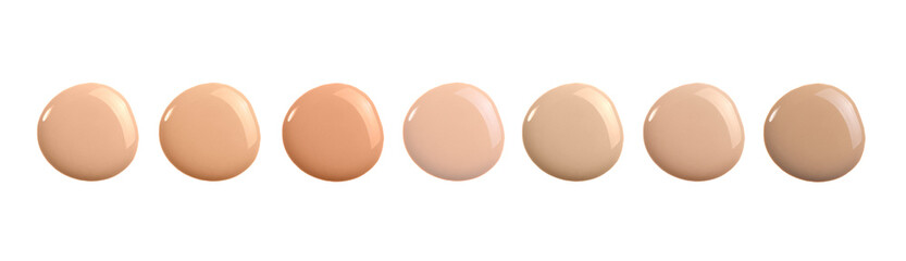 Beige nude liquid foundation set, concealer smear smudge drop. Collection different tones bb cream swatch sample isolated on white. Cosmetic liquid foundation, concealer or moisturizer. Macro, banner