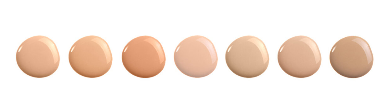 Beige nude liquid foundation set, concealer smear smudge drop. Collection different tones bb cream swatch sample isolated on white. Cosmetic liquid foundation, concealer or moisturizer. Macro, banner