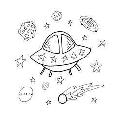 Hand drawn doodles cartoon set of space objects and symbols. Spaceship, planets and stars line art vector illustration.