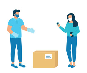 Safe contactless delivery of goods to buyer. Man courier delivered parcel box to woman customer . Coronavirus pandemic concept. Vector illustration