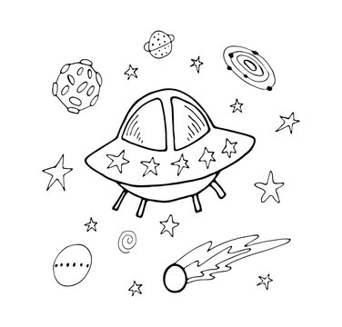Hand drawn doodles cartoon set of space objects and symbols. Spaceship, planets and stars line art vector illustration.