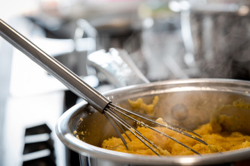 cooking italian polenta in the kitchen
