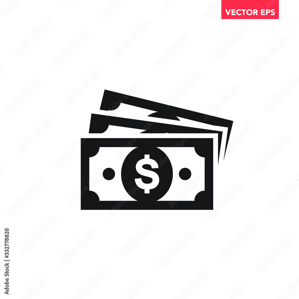 Poster black banknotes stack money in fan shape icon, simple infographic interface concept elements, app ui