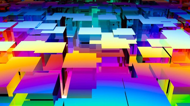 Abstract screensaver of moving colored shining cubes. Seamless loop.