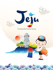 Beautiful Korean Island, Jeju. Seongsan Ilchulbong, stone grandfather, traditional house, rape flower background. A traditional female diver welcomes you to visit Jeju Island.