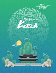 Beautiful Korea. Traditional palace, legendary animal haetae stone statue, Joseon dynasty dragon pattern vector illustration.