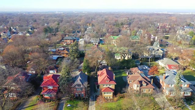 Aerial Flyover Beautiful Neighborhood Homes in a Chicago Suburb