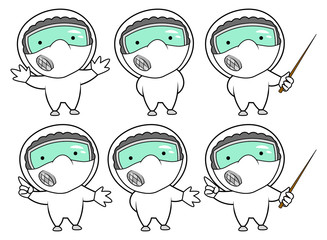 Doctor in protective suit different poses medical cartoon vector isolated colorful illustrations