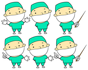 Doctor surgeon different poses medical cartoon vector isolated colorful illustrations