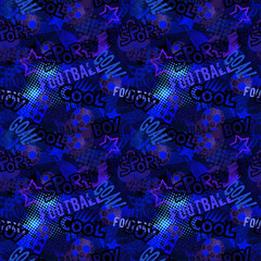 Abstract seamless football pattern for girls,boys.Creative vector background with hearts, triangle, geometric figures.Funny wallpaper for textile and fabric.Fashion style.Colorful bright blue, black