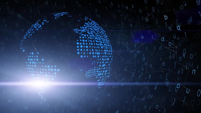 Artistic 3d Earth globe rotation on computer binary data network background. Copy space animation.