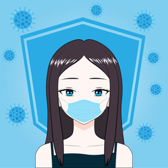 girl wearing protective Medical mask for prevent virus Wuhan Covid-19. anime style.
