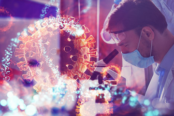Doctor in the laboratory analyzes samples under a microscope. Pharmaceutical treatment concept