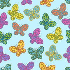 Seamless pattern of abstract multicolored butterflies on a blue background