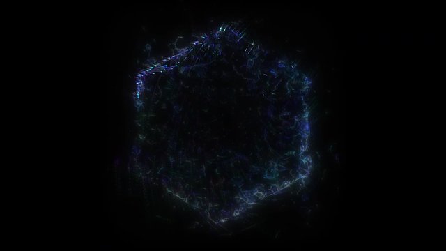 Seamless loop. Animation of a blue hexagonal portal, consisting of particles and bursts of energy, isolated on black background with alpha luma matte VFX CG 4k. Space door. Constellations. Galaxy.