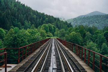 Railroad track on mountains background. Railway station on forest background.