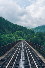 Fototapeta na wymiar Railroad track on mountains background. Railway station on forest background.