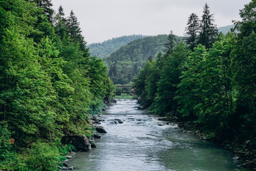 River on mountains background. Beautiful mountain river