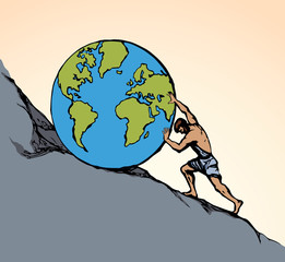 A man rolls a earth up the hill. Vector drawing