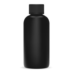 Black cosmetic bottle. Plastic shampoo package blank. Empty bath shower package mockup. Medical product container design