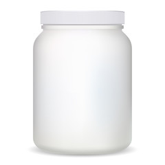 Supplement bottle. White plastic protein container for bodybuilding sport. Cylinder can design mockup. Gym nutritional tablets canister with cap. Health pill box