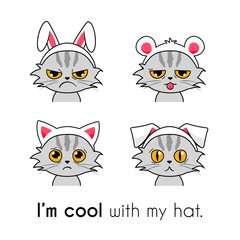Set of funny cartoon cats with hats