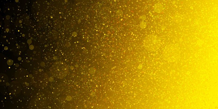 Gold glitter background with bright sparkling circles or blurred bokeh lights on black background, yellow abstract pattern of shimmery golden sparkles in holiday Christmas design effect