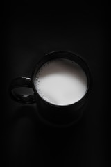 taza negra en fondo negro y liquido blanco
