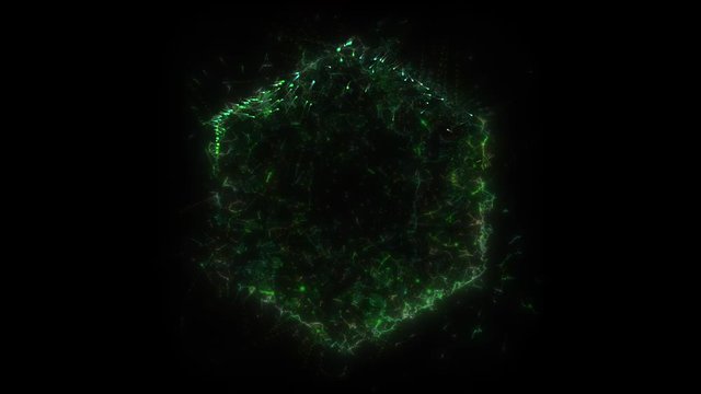 Seamless loop. Animation of a green hexagonal portal, consisting of particles and bursts of energy, isolated on black background with alpha luma matte VFX CG 4k. Space door. Constellations. Galaxy.