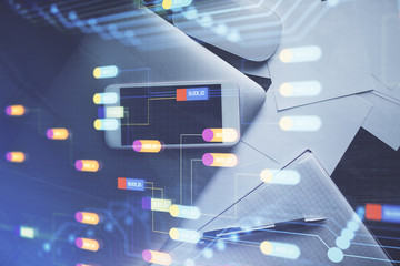 Double exposure of technology theme drawing over work table desktop. Top view. Global data analysis concept.