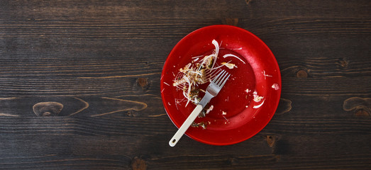 Fish bones on a single red plate. Wooden table background. Top down flat photo with copy space