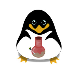 penguin with blue eyes smoke marijuana in pink bong 
