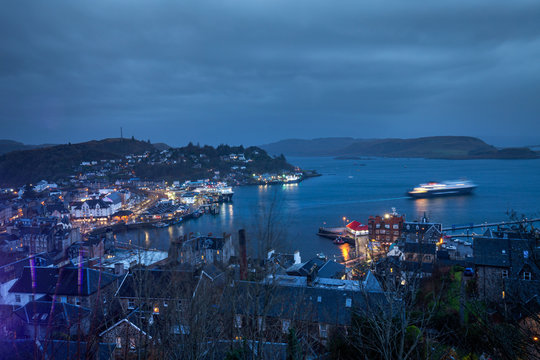 Oban Harbour at Rainy Evening in Scotland