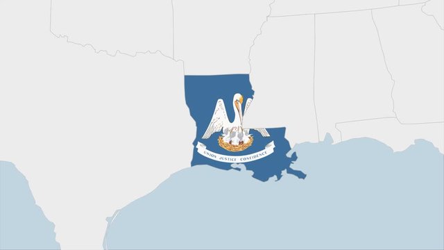 US State Louisiana map highlighted in Louisiana flag colors and pin of country capital Baton Rouge.