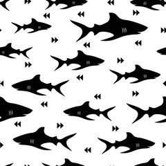 seamless black white pattern of cute sharks isolated on white, animal marine print