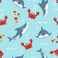 Fototapeta na wymiar seamless pattern of cute shark with crabs and fishes isolated on blue, animal marine print