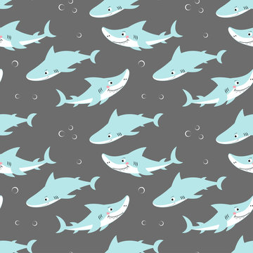 Seamless Pattern Of Cute Sharks Isolated On Grey, Animal Marine Print