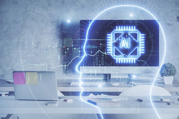 Multi exposure of brain drawing and office interior background. Concept of data technology.