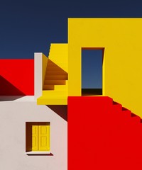 Abstract colorful architectural composition of the building. Background of blue sky. 3d illustration.