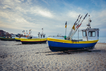 Naklejka na ściany i meble Fishing boats on Baltic Sea beach in Sopot, Poland