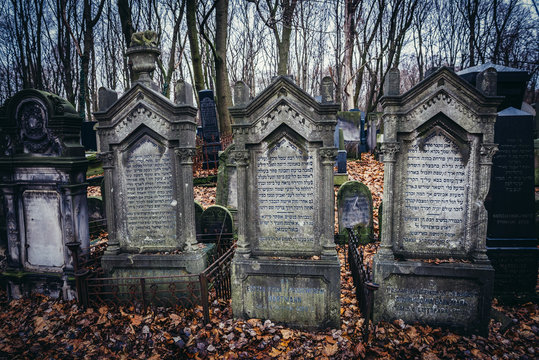 Old graves on Jewish Cemetery in Warsaw, Poland
