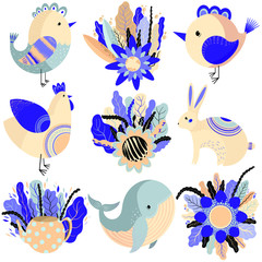 Vector set with cartoon animals- bunny, chicken, sparrow, whale, birds and bouquet of flowers. Funny animals series. Hand drawn stickers. Illustration. Print