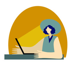 girl sitting on the floor and working with laptop in social networks. Office. Hand drawn. Vector illustration. T shirt print design.