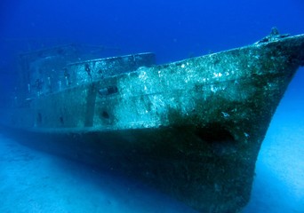 Diving on a sunken ship, underwater landscape