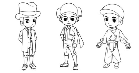 Collection of cartoon boy wearing Italian Spanish and Dutch costume used for coloring book