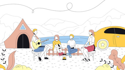 Concept Of Camping And Summer Landscapes. Characters Are Having A Good Time Outdoor. Family Is Sitting Near Tent And Singing Songs With Guitar. Cartoon Linear Outline Flat Style. Vector Illustration