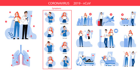 Concept Of Risk Of Infection, Symptoms, Precautionary Measures For Avoidance Viruses Infection. Coronavirus Infographic With Prevention Posters . Cartoon Linear Outline Flat Vector Illustrations Set
