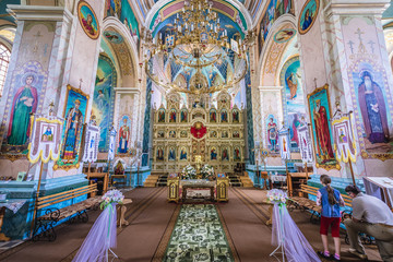 Fototapeta na wymiar Inside the Orthodox church in former Carmelite monastery complex in Terebovlia town located in Ternopil Oblast, Ukraine