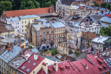 Roofs of Lviv Old Town, view from City Hall tower, Ukraine